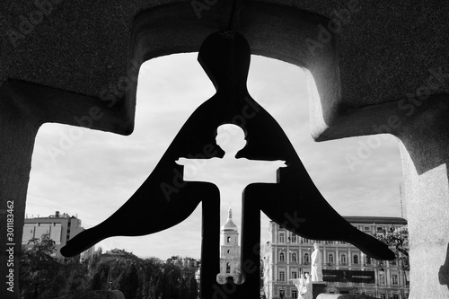 The memorial to the victims of Holodomor 1932 -1933 years on Mykhailivska Square in Kyiv.A memorial dedicated to the Terror-Famine in Ukraine. Black and white photo