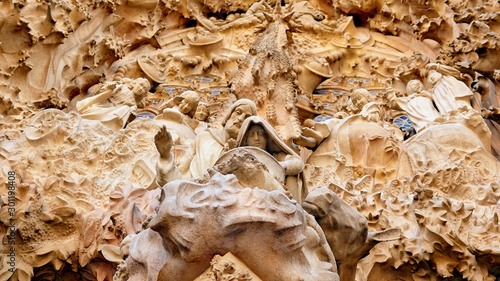 Sagrada Familia church exterior by Antoni Gaudi in Barcelona. Church of the Holy Family. 