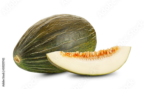 Delicious green tendral melon in cross-section, isolated on white background with copy space for text or images. Side view. Close-up shot.