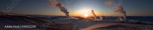 Iceland Myvatn Lake Extra Wide panorama evening Sunrise or Sunset with volcano geyser