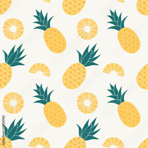 Pineapple seamless pattern, tropical ripe fruit. Summer print for textile, wrapping, fabric, wallpaper.