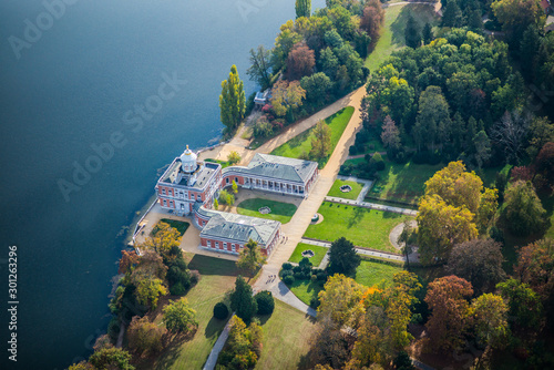 Potsdam, Germany, Marble Palace, (Marmorpalais) located at "holy lake" (Heiliger See) in the new garden (Neuer Garten) in early autumn - aerial view 