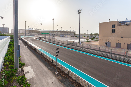 ABU DHABI, UAE - May 13, 2014: The Yas Marina Formula 1 Grand Prix Circuit. Set amongst a Marina, with an innovative design. The circuit is designed by Hermann Tilke.