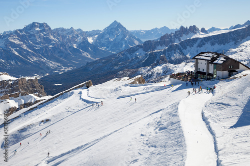 Dolomites, Italy - view from mountain Lagazuoi, nearby Cortina d'Ampezzo in the Veneto Region. Mountain skiing and snowboarding.