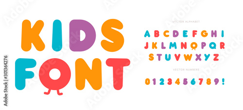 Kids letters and numbers set. Cartoon bold style alphabet. Childish font for events, promotions, logos, banner, monogram and poster. Vector typography design.