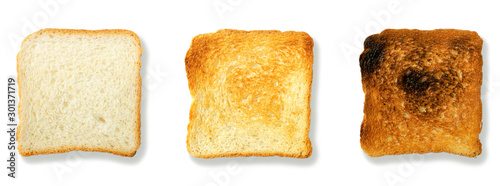 Three slices toast bread isolated on white with shadow. Close up of three images of bread on a white background. Set of slices of toast bread of different colors on a white background.