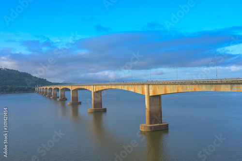 The Lao Nippon bridge over the mekong river in the southern laos in themorning.