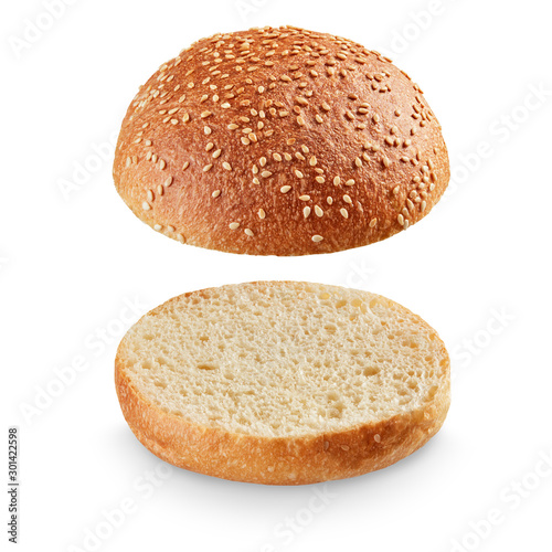 Open burger bun on white background