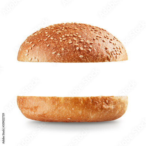 Open burger bun on white background