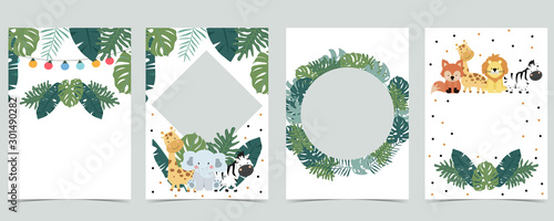 Green animal collection of safari empty frame set with lion,giraffe.Vector illustration for birthday invitation,postcard,logo and sticker