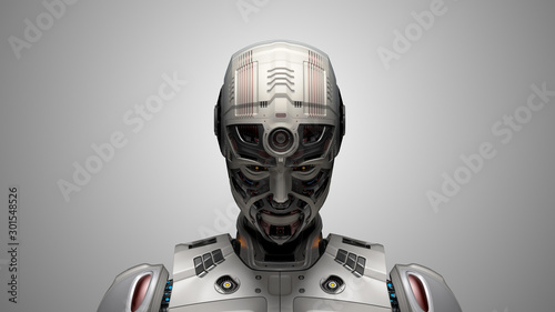 Portrait of deactivated robot or inactive humanoid cyborg with all lights turned off. Front view isolated on gray background. 3d render