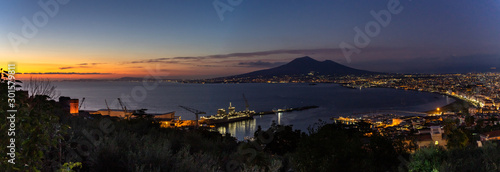 Wide panoramic view at sunset of Castellammare di Stabia, Mount Vesuvius and the Gulf of Naples, Campania, Italy