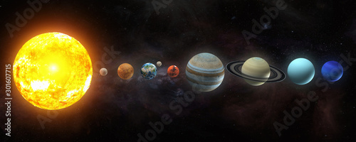 Solar system planets set. The Sun and planets in a row on universe stars background.Elements of this image furnished by NASA.