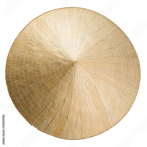 Asian cone straw hat isolated on white. Top view. 