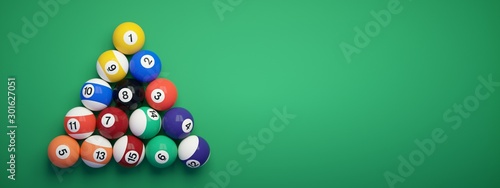 Billiard balls placed in the shape of a triangle.