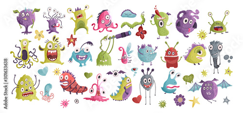 Huge vector cute funny monster clip art hand drawn collection. Colorful comic ugly character set.