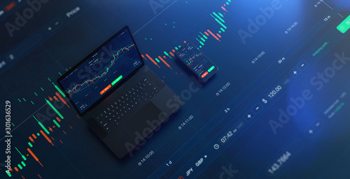 Futuristic stock exchange scene with laptop, mobile phone, chart, numbers and SELL and BUY options (3D illustration)
