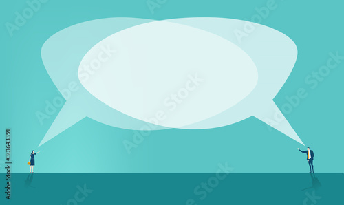 Two business people talking on distance. Big speech bubbles with space for text. Business concept illustration 