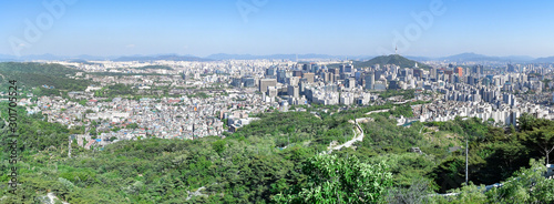 Aerial Panoramic View of Downtown Seoul, as seen from Mountain Overlook - Seoul, South Korea