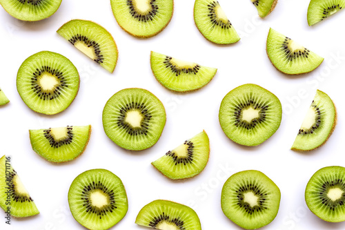 Fresh sliced of kiwi fruit isolated on white background.Top view. Flat lay