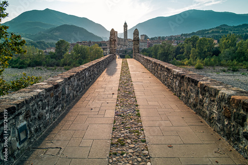 The old medieval bridge of the famous italian borough of Bobbio, Piacenza province, Emilia Romagna, Italy.