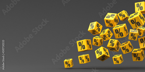Many flying yellow percent cubes on a black background. 3d render illustration. Black Friday.
