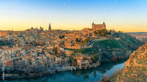 Breathtaking panoramic view of beautiful sunset over the old town of Toledo. Travel destination Spain