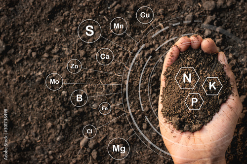Loamy soil that is rich in man's hands and has iconic technology about soil nutrients that are essential to cultivation.