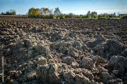 Terra agricola arata pronta per la semina del contadino, agricoltura biologica, ettari di campagna