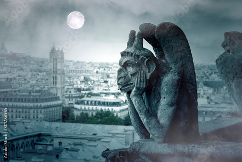 Mglista noc i księżycowe światło nad gargulcami Notre Dame w Paryżu