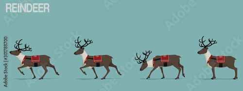 Set of walking reindeer with Christmas theme decoration.