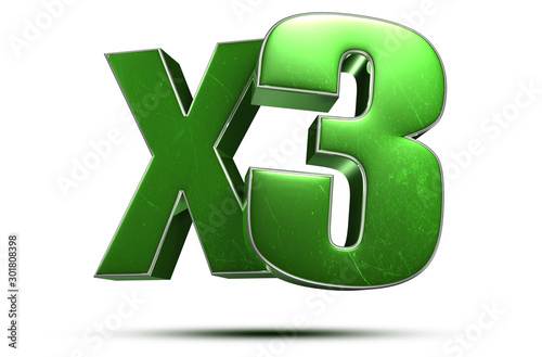 x3 3d green on white background.(with Clipping Path).