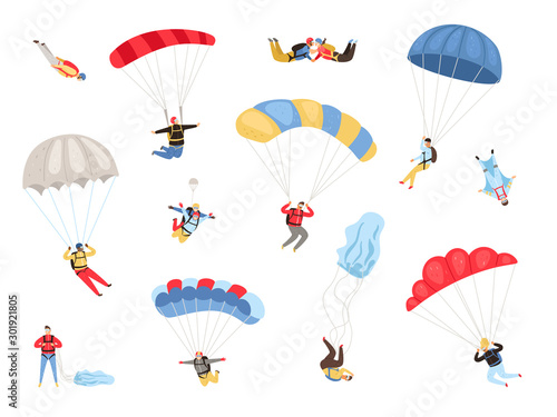 Parachute skydivers. Paraglide and parachute jumping characters on white, paragliders and parachutists vector illustration, skydiver hobby and sport activities