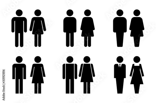 Restroom door pictograms. Woman and man public toilet vector signs, female and male hygiene washrooms symbols, black ladies and gentlemen wc restroom ui