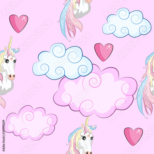 Seamless pattern with cute unicorns, clouds,rainbow and stars. Magic background with little unicorns.
