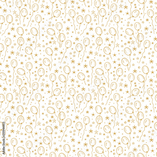 Vector Holiday or Birthday Seamless Pattern with Hand Drawn Doodle Balloons and Stars. Festive party background. Golden Holiday Wallpaper. - Vector
