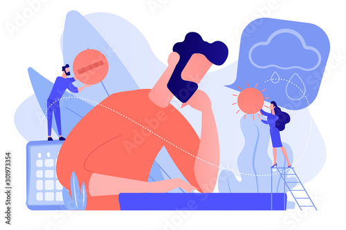 Businessman feeling bad with depressive symptoms, tiny people. Seasonal affective disorder, mood disorder, depression symptoms treatment concept. Pinkish coral bluevector vector isolated illustration