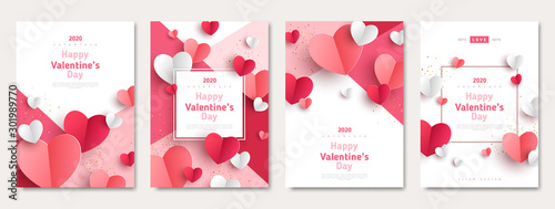 Valentine's day concept posters set. Vector illustration. 3d red and pink paper hearts with frame on geometric background. Cute love sale banners or greeting cards