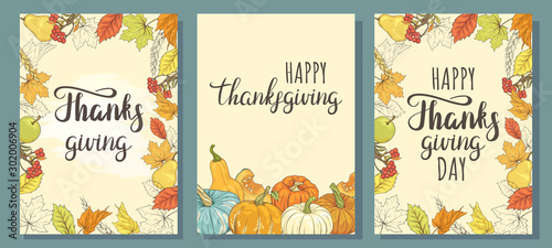 Happy Thanksgiving. Set of greeting cards with pumpkins and autumn leaves