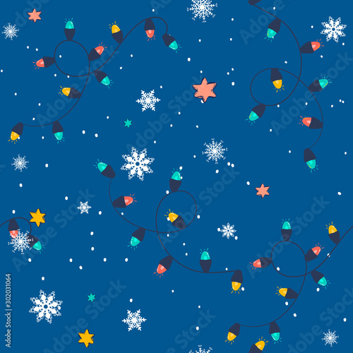 Seamless vector pattern: Christmas garland snowflake background. Simple christmas texture. Ornamental cute illustration for print, web.