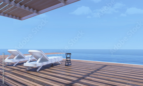 3D image from an house with pool, sun beds at side of.