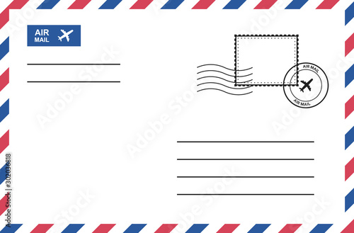 Vintage air mail envelope with postage stamp, postage card. Vector graphic design