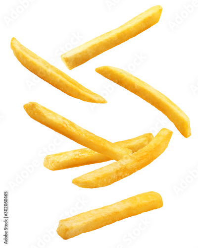 Falling french fries, potato fry isolated on white background, clipping path, full depth of field
