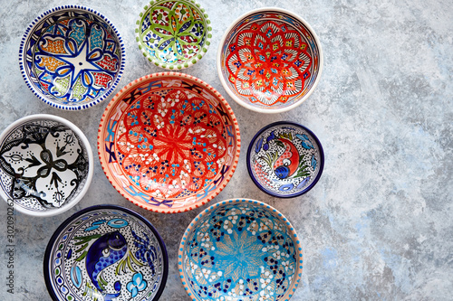Collection of empty moroccan colorful decorative ceramic bowls