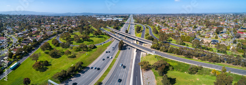 Aerial panorama of Monash Freeway and Wellington Road interchange in Mulgrave suburb of Melbourne, Australia