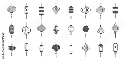 Set of black lanterns. Chinese and Japanese style. Design elements for Lantern festival and Chinese new year or other festival holidays. Vector illustration.