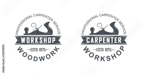 Black and white logo illustration of a carpenter workshop. Vector illustration of a planer and text with banner.