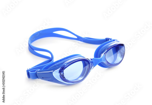 Blue swim goggles isolated on white. Beach object