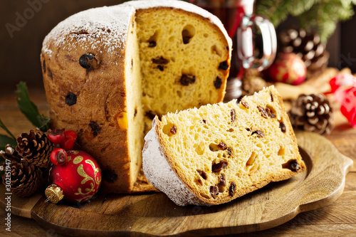 Traditional Christmas panettone with dried fruits and orange zest