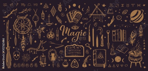 Witchcraft, magic background for witches and wizards. Wicca and pagan tradition. Vector vintage collection. Hand drawn elements candles, book of shadows, potion, tarot cards etc.